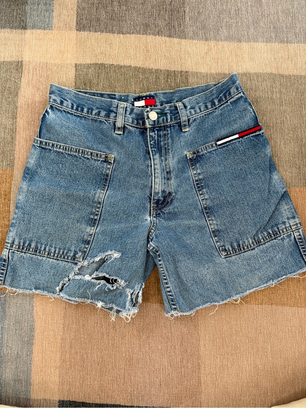 Vintage Tommy Hilfiger Light Blue Distressed Denim Patch Shorts